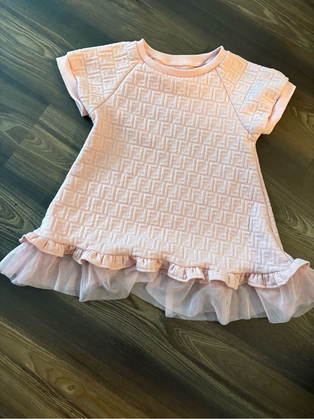 Fendi Light Pink Textured Tulle Hem Kids Dress